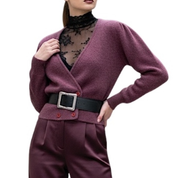 Vintage 90s wool Angora soft fuzzy plum wine puff sleeve cardigan sweater M - Picture 1 of 16